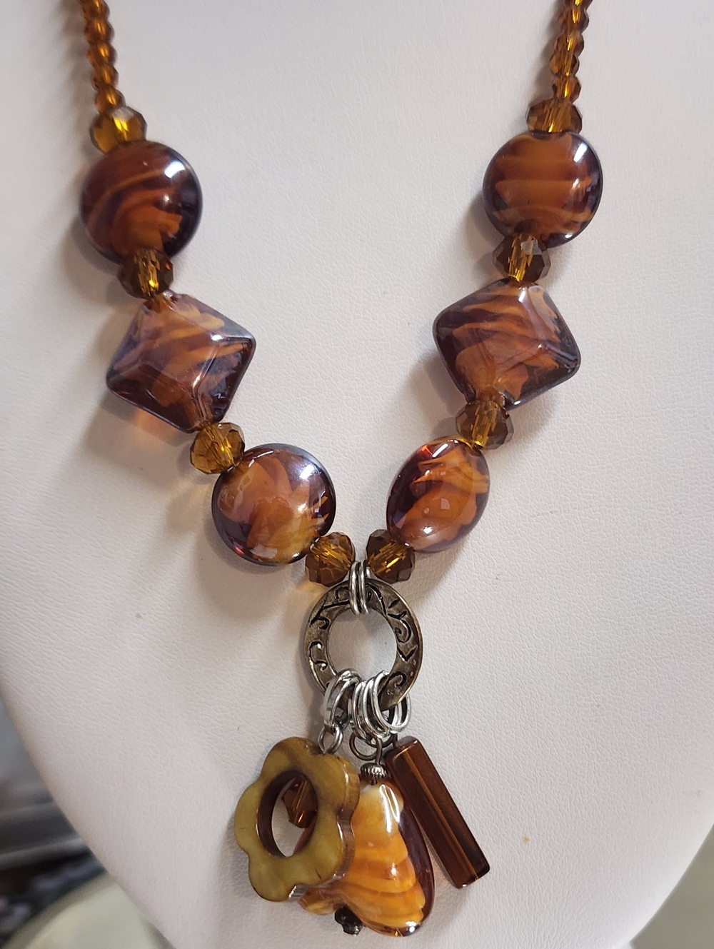 Artisan Lampwork Amber Brown Rootbeer Swirl Glass  Dangle Charm Necklace
